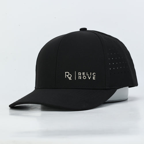 Relic Rove black performance baseball hat with white embroidered logo and side ventilation perforations